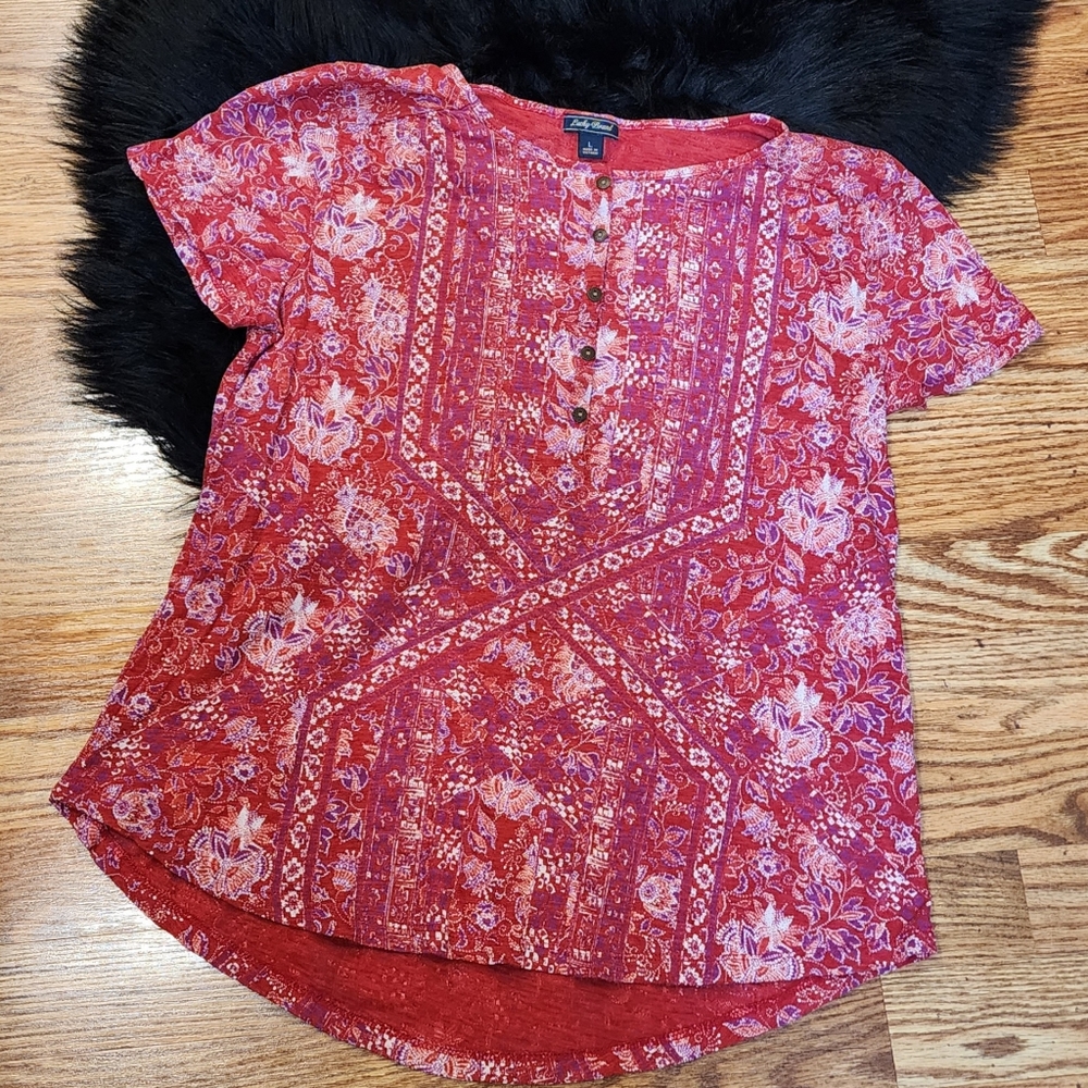 Lucky Brand Reddish/Mauve Paisley Print Short Sleeved Top Size L